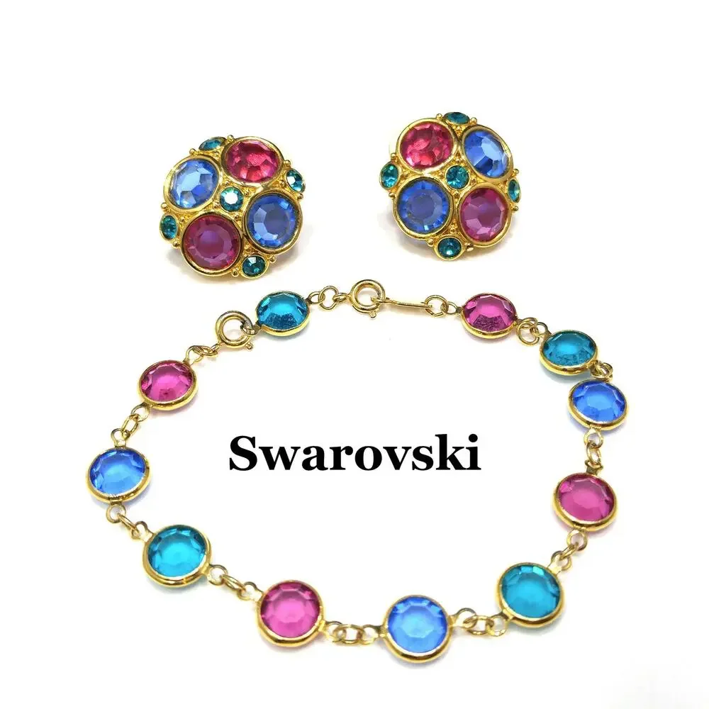 Vintage Swarovski Multicolor Crystal Bracelet Earring Set Gold Tone